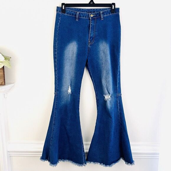 Cool Chic Blue Faded Leg Boho Hippie Bell Bottom Stretchy Jeans ~ Size Large - Picture 1 of 7